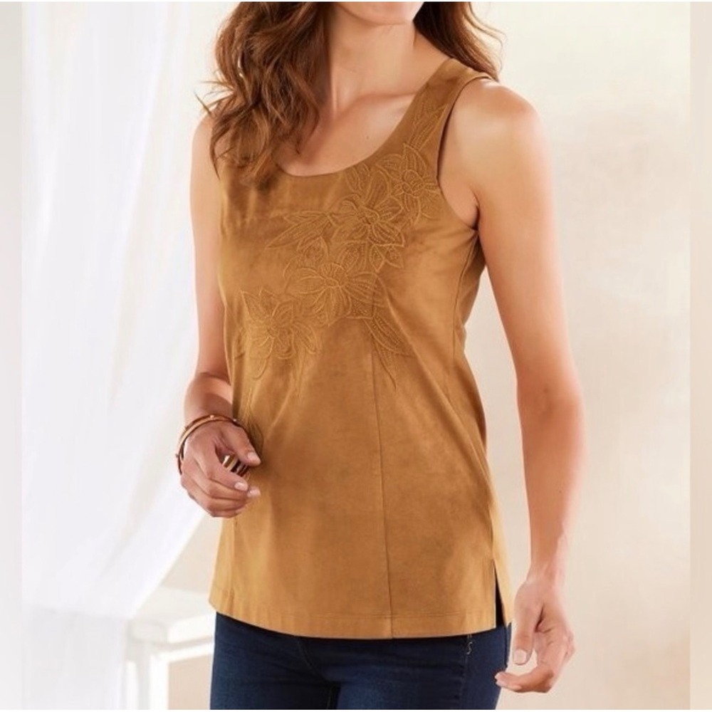 Soft Surroundings Constance Faux Suede Embroidered Top Brown Sugar Size S Boho